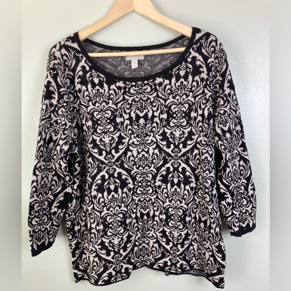 Dana Buchman black white sparkle black rhinestones 3/4 sleeve sweater XL